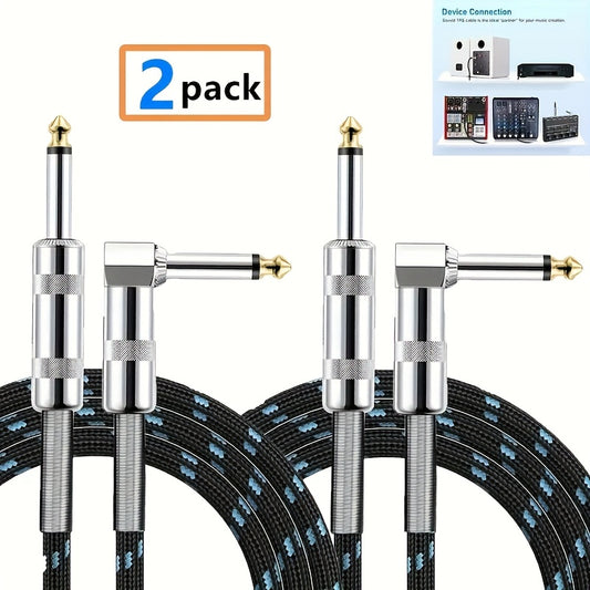 2 High-quality 1/4-inch Guitar Cables with Right-angle Connectors, Spring-loaded for Easy Plugging And Unplugging, Durable Audio Transmission Suitable for Electric Guitars, Basses, Amplifiers, Keyboards, Mandolins And Mixing Consoles. Essential for