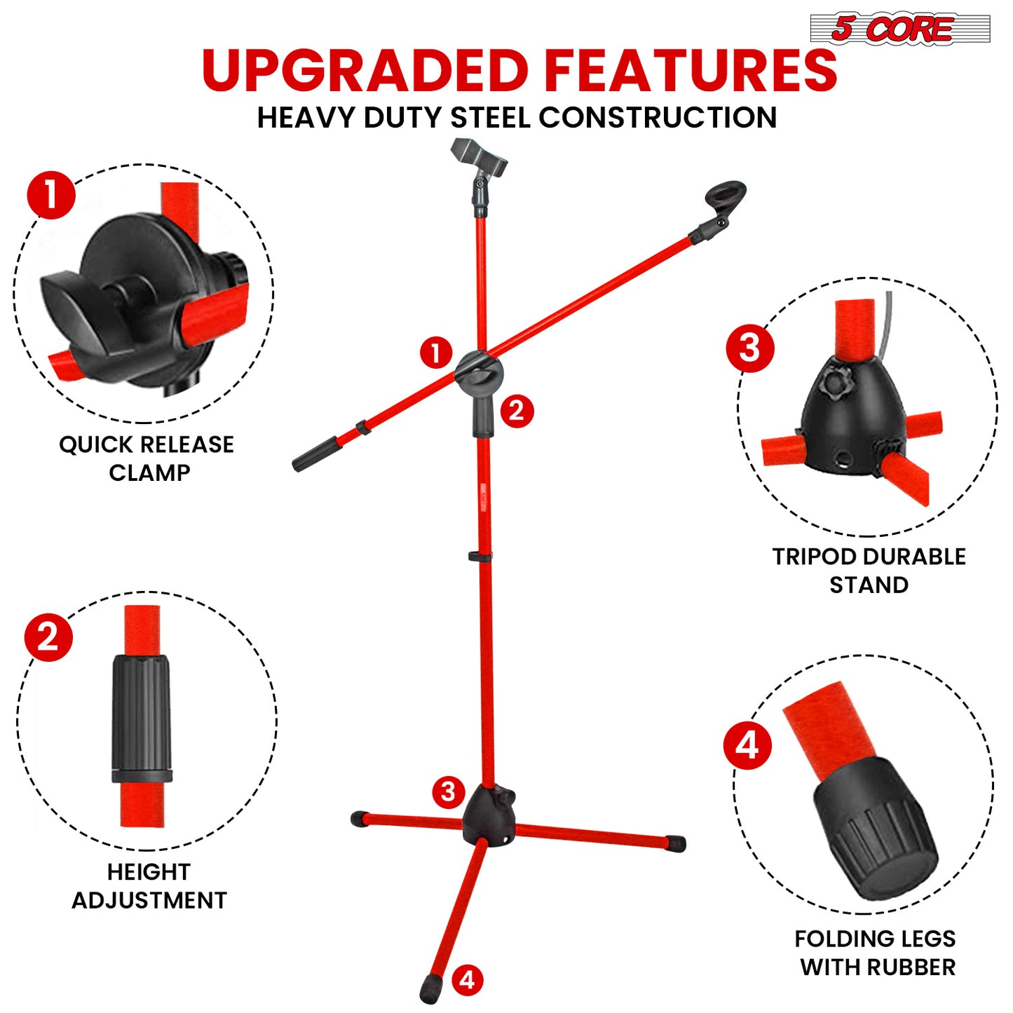 5 Core Microphone Stand Floor 2 Mic Clips Universal Height Adjustable 63" Dual Tripod Mic Stands w Telescoping Boom Arm Foldable Portable