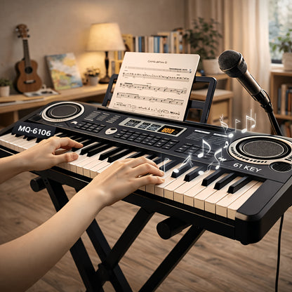 Complete Accessory Set for a 61-Key Electronic Keyboard, Including a Microphone, Sheet Music, And Key Stickers, Ideal for Home Practice And Beginners. A Perfect Gift for Birthdays And Holidays for Family