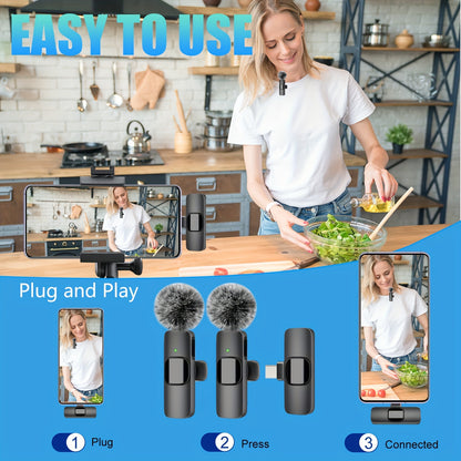 Clearance And Closeout! Clip-On Wireless Microphone with Wireless, 2--1 Voice Control & One-Touch Recording, 360° Omnidirectional, USB-C Rechargeable, Noise Reduction for Streaming, Podcasts, Vlogging, Streaming Audio Gear | Sleek Black Microphone |