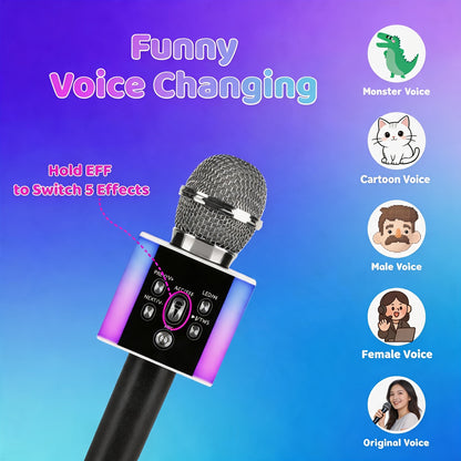 Wireless Karaoke Microphone Speaker with LED Lights And Fun Voice Changer - Portable Singing Mic for Outdoor Parties And Family Gatherings, Stereo Home Karaoke for Travel, Car, And Camping - Fun Summer Party Accessory, Birthday Gift