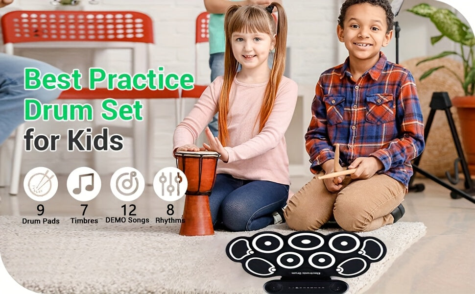 Electronic Drum Set, 9-Pads Roll-Up Electric Drum Pad Kit with Headphone Jack 10Hrs Playtime Built-in Speaker with Drumsticks Pedals, Xmas Birthday Gift for Adults, Student, Black