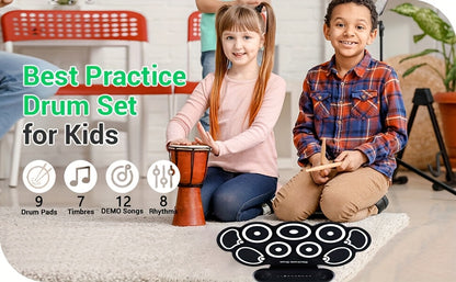 Electronic Drum Set, 9-Pads Roll-Up Electric Drum Pad Kit with Headphone Jack 10Hrs Playtime Built-in Speaker with Drumsticks Pedals, Xmas Birthday Gift for Adults, Student, Black