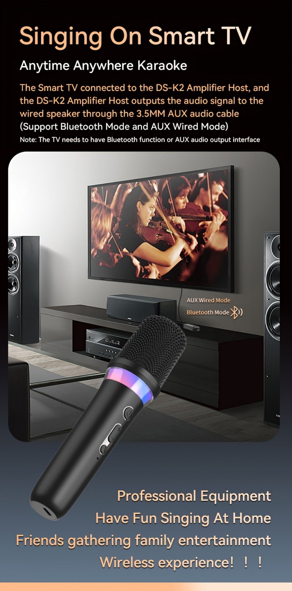 Portable Karaoke System, Stereo, RGB, Wireless, VAORLO, DS-K2, Machine for Parties