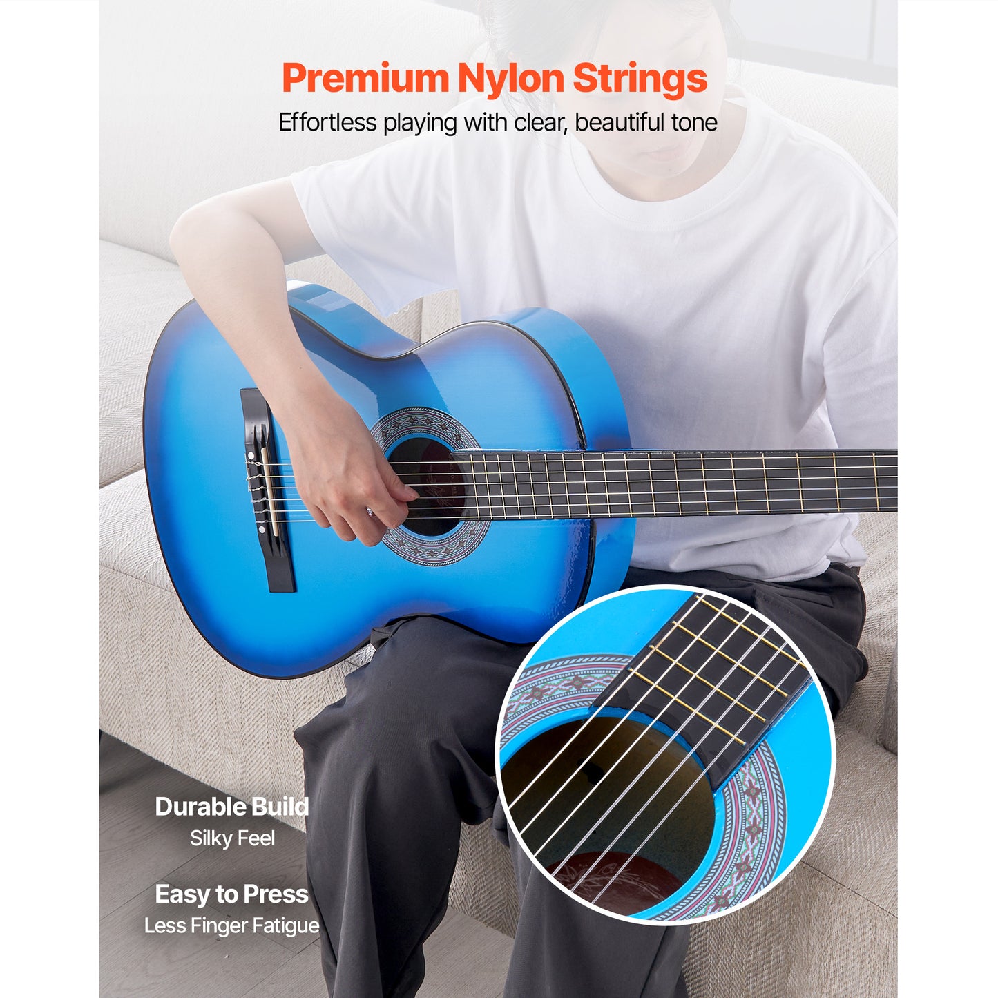 VEVOR Classical Guitar 38 in Guitar Beginner Starter Kit Nylon Strings Black/Natural Color/Blue/Pink/Sunrise Color