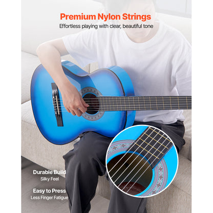 VEVOR Classical Guitar 38 in Guitar Beginner Starter Kit Nylon Strings Black/Natural Color/Blue/Pink/Sunrise Color