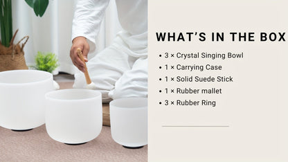 Quartz Crystal Singing Bowl Set, 7 to 11-Inch Three-Bowl Set with Case