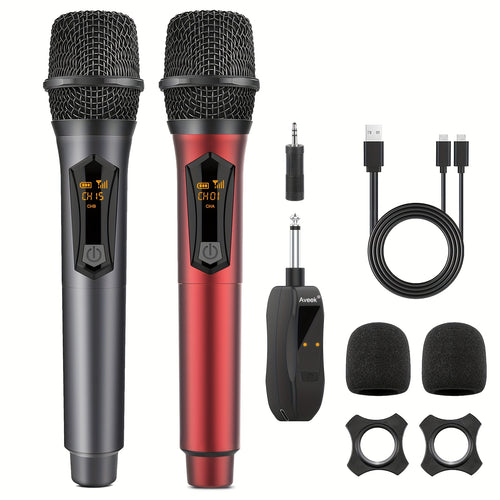Aveek Wireless Microphone Designed for Speakers And Karaoke Systems, Featuring a 2.4Ghz Rechargeable Option (Operates for 10 Hours), Suitable for Parties, Djs, Weddings, Speeches, And Home Use, Available in Grey And Red, Sold in Packs of Two