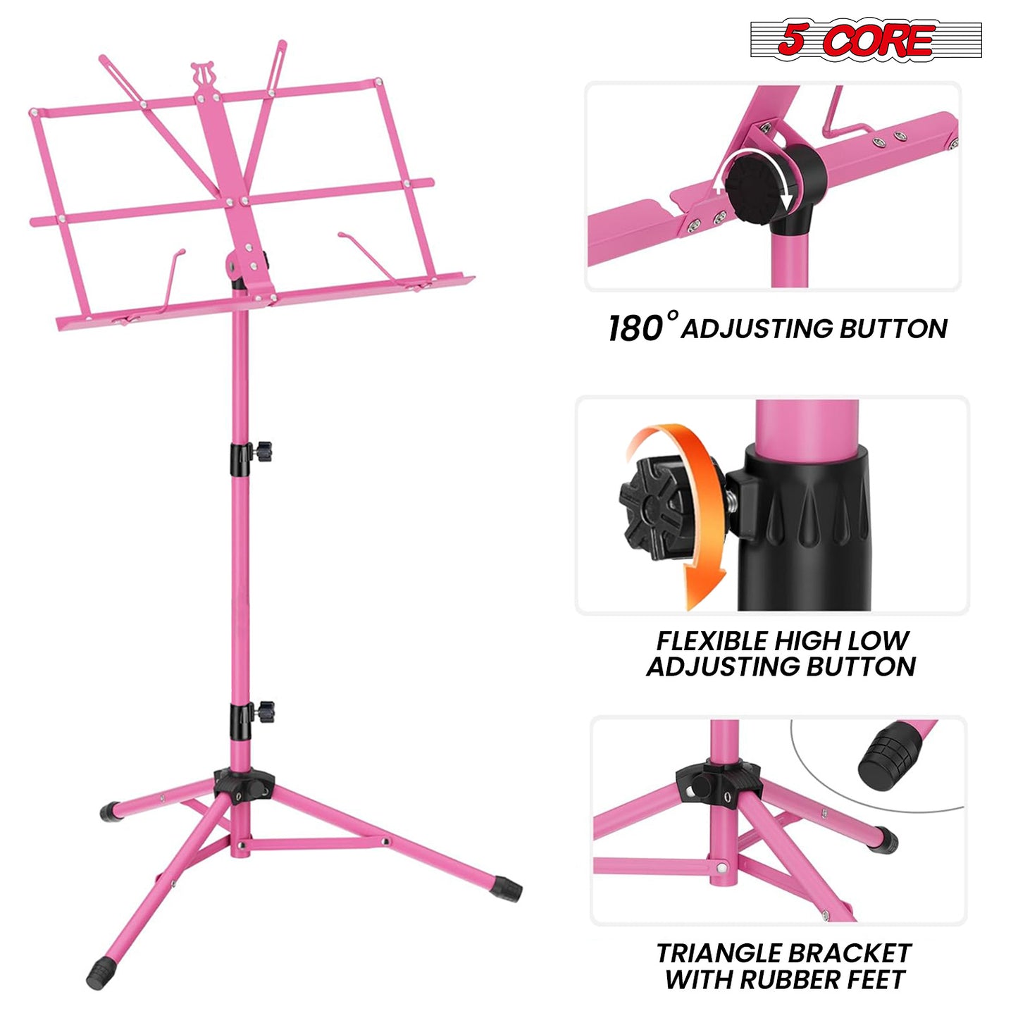 5 Core Music Stand Height Adjustable Desktop Book Stands Portable Sheet Holder All Metal Bookstand Foldable Atril Para Partituras w Carrying Bag & Clip Pink - MUS FLD PNK