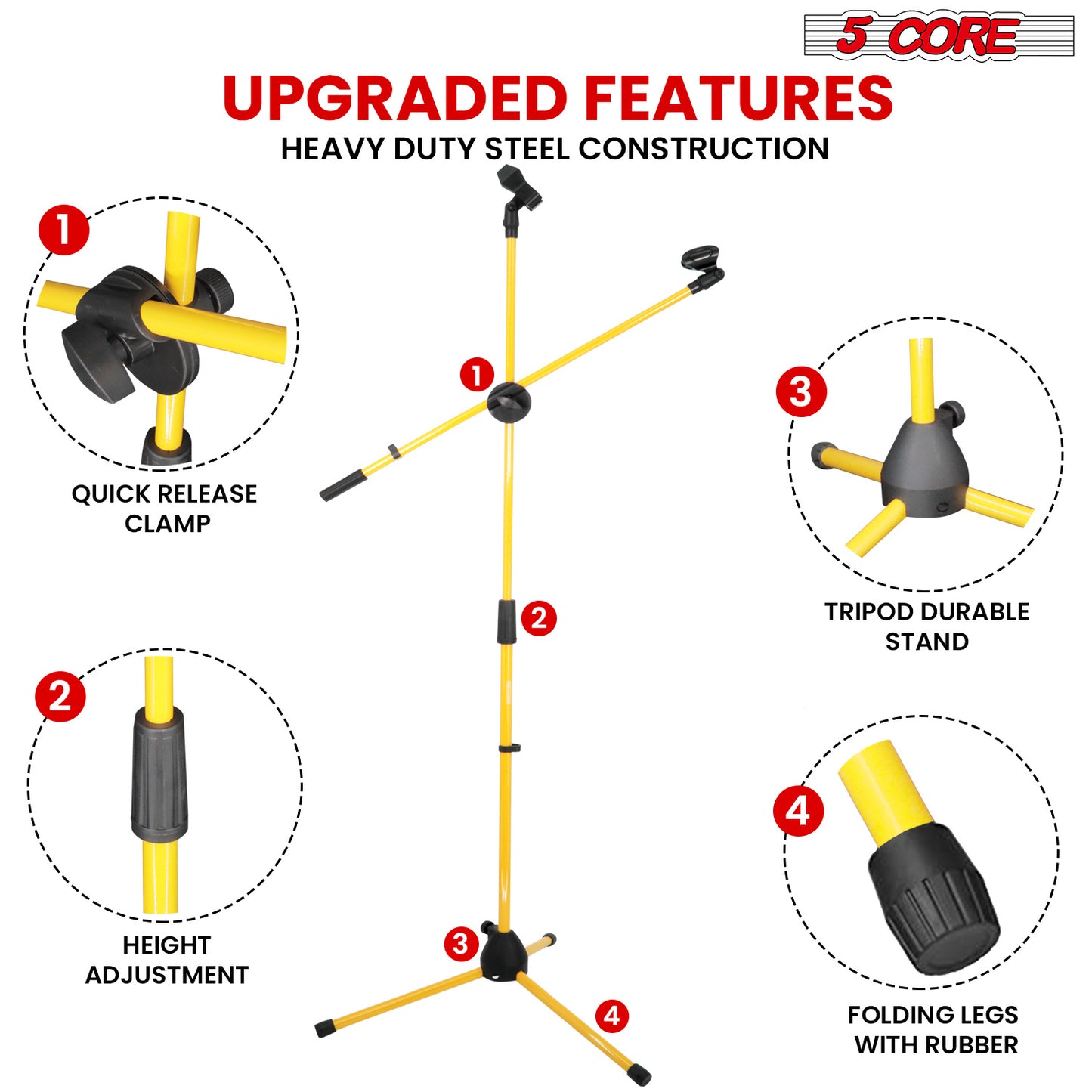 5 Core Microphone Stand Floor 2 Mic Clips Universal Height Adjustable 63" Dual Tripod Mic Stands w Telescoping Boom Arm Foldable Portable