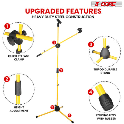 5 Core Microphone Stand Floor 2 Mic Clips Universal Height Adjustable 63" Dual Tripod Mic Stands w Telescoping Boom Arm Foldable Portable