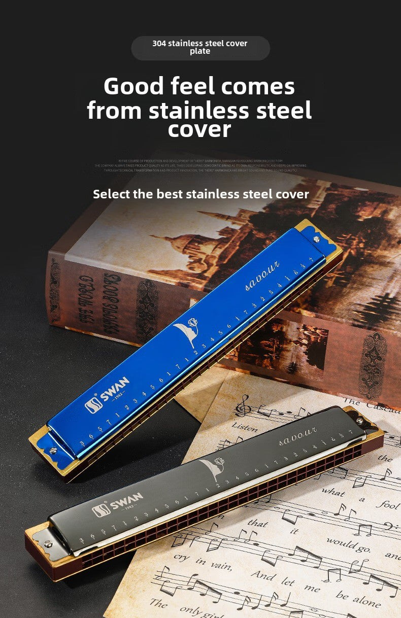 SWAN 28-Hole Chromatic Harmonica In C Key Wide Sound Range High-end Adult Heavy Sound Professional Performance 28-Hole Alphabet Beginner Model- Black Chromatic C Tuning