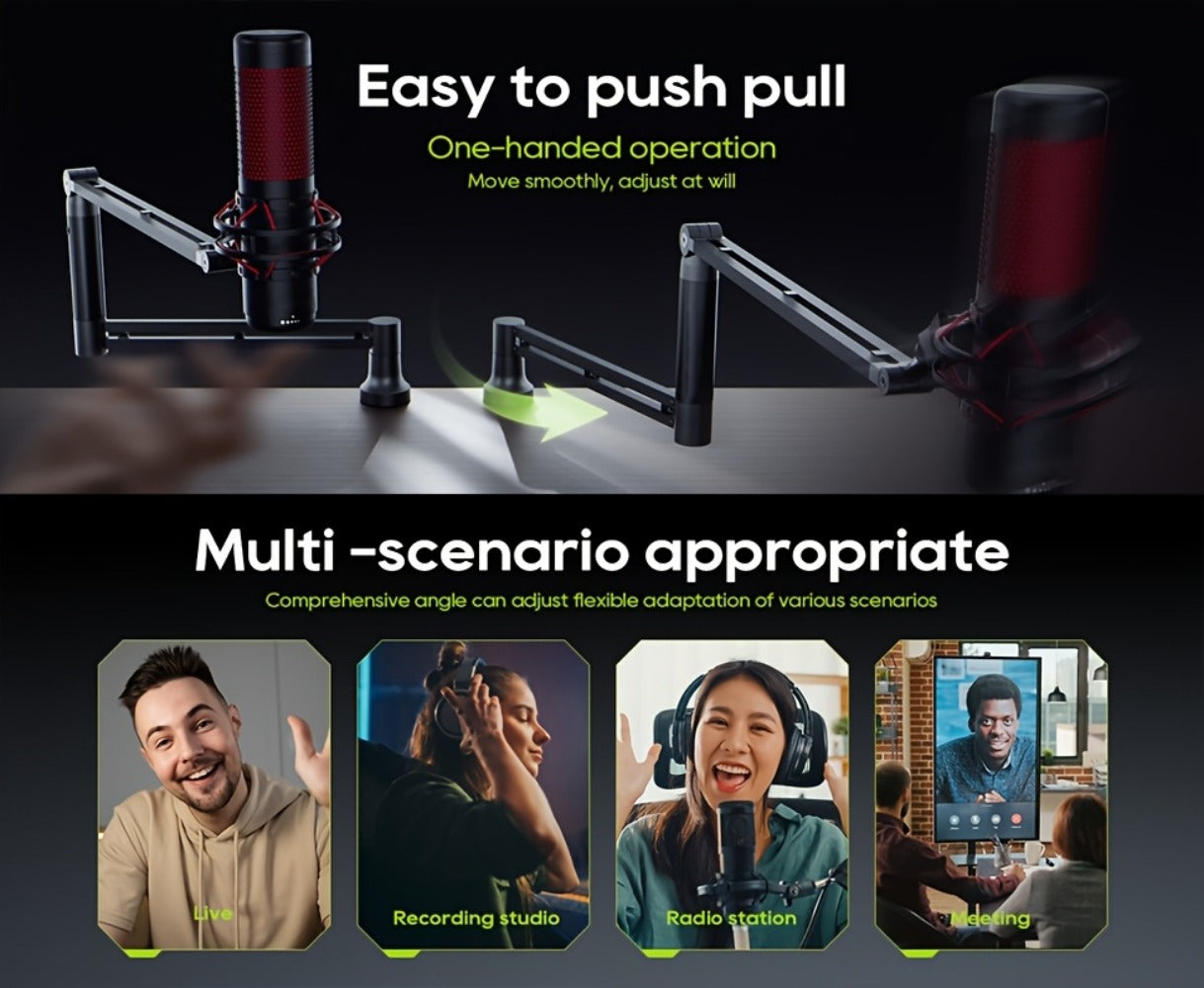 360-Degree Microphone Boom Arm with Foldable Desk Mount and Screw Adapter
