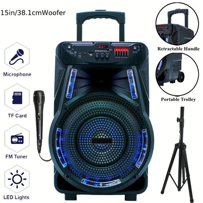Portable PA Speaker, 15-inch Woofer, Sound Activated, Remote Control, Wireless for Parties