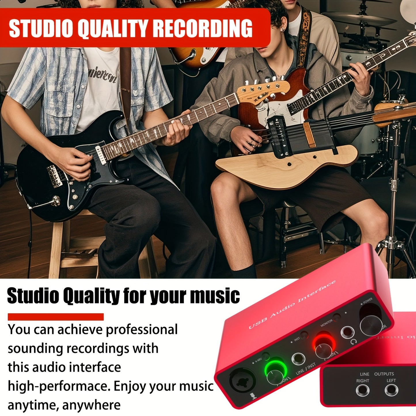 24Bit/192Khz USB Audio Interface Solo with 48V Phantom Power Works with Most Daws And Recording Software, USB Audio Interface Perfect for The Musicians, Vocalist, Podcaster, Plug And Play