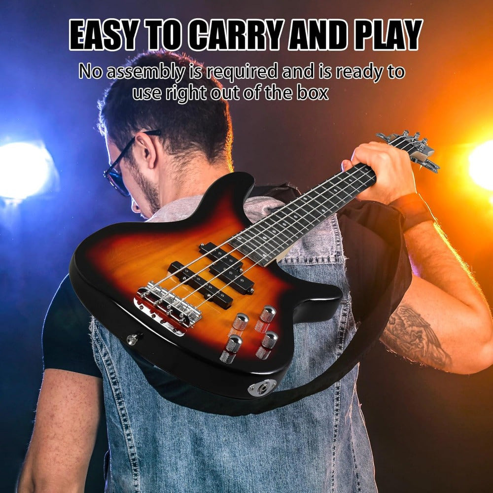 Complete Beginner Set for a Full-Size Right-Handed Electric Bass Guitar with a Rosewood Fingerboard, Including a Cable And Wrench Tool