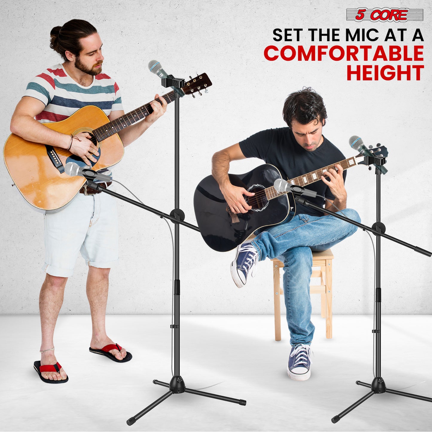 5 Core Microphone Stand Floor 2 Mic Clips Universal Height Adjustable 63" Dual Tripod Mic Stands w Telescoping Boom Arm Foldable Portable
