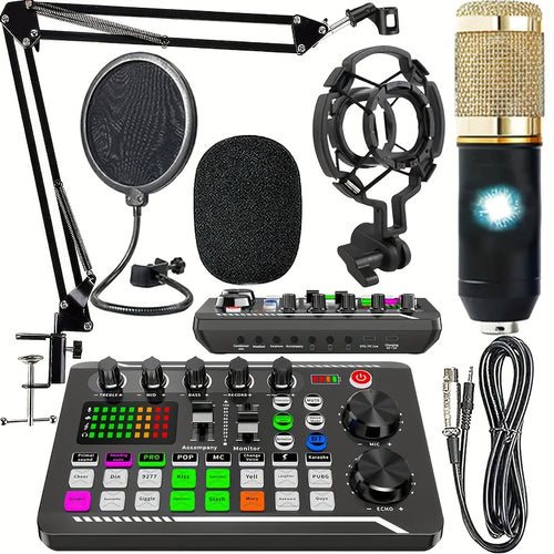 Podcast Equipment Bundle, Live Sound Card with Dj Mixer Effects & Voice Changer, F998 Live Sound Card Audio Mixer with Studio Condenser Microphone, Perfect for Live Streaming, Podcasting, Gaming & DJ.