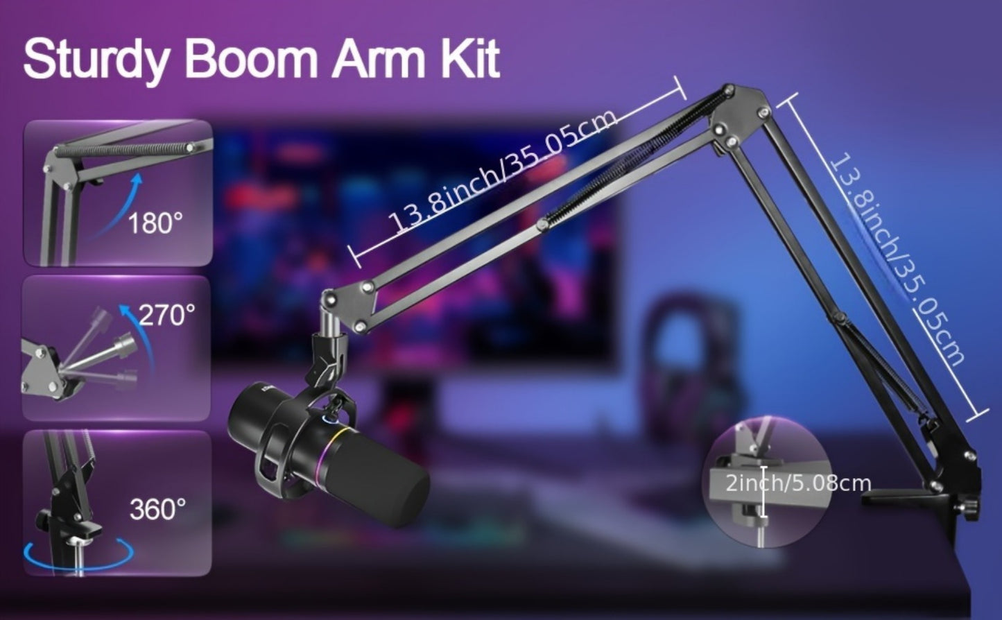 XLR and USB Dynamic Microphone Kit with RGB, Software and Boom Arm