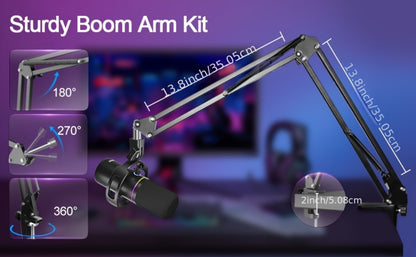 XLR and USB Dynamic Microphone Kit with RGB, Software and Boom Arm