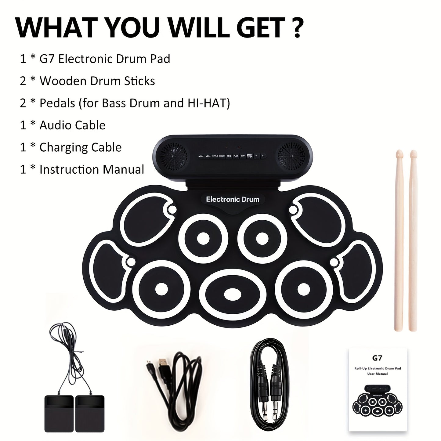 Electronic Drum Set, 9-Pads Roll-Up Electric Drum Pad Kit with Headphone Jack 10Hrs Playtime Built-in Speaker with Drumsticks Pedals, Xmas Birthday Gift for Adults, Student, Black
