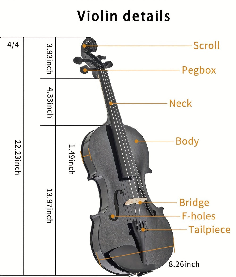 Full Size 4/4 Violin Kit, Black Beginner Violin with Hard Case and Bows