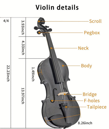 Full Size 4/4 Violin Kit, Black Beginner Violin with Hard Case and Bows