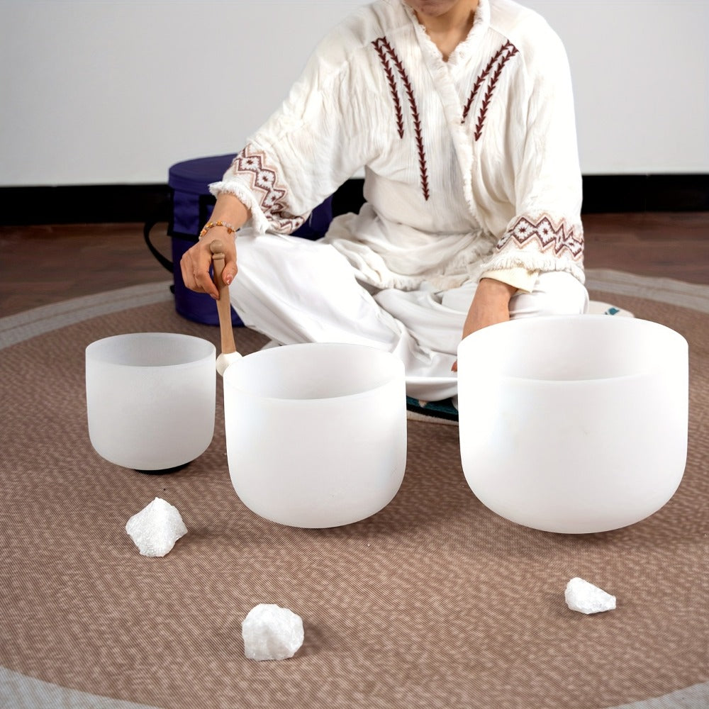 Quartz Crystal Singing Bowl Set, 7 to 11-Inch Three-Bowl Set with Case