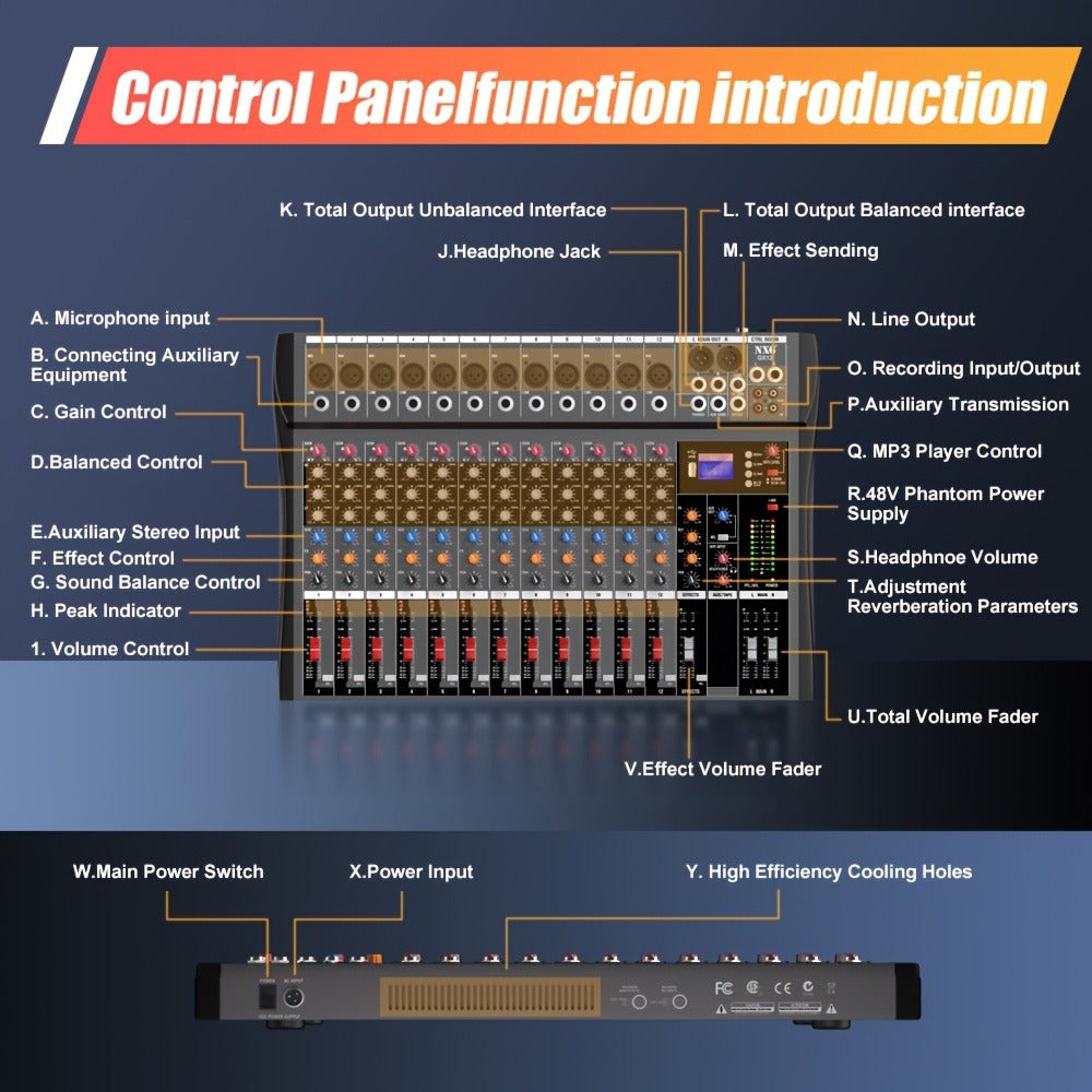 Audio Mixer, USB, Professional, 12-Channel, Controller for Live Sound