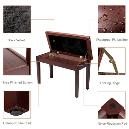 Bonnlo Wooden Double/Duet Piano Bench with Music Book Storage and Thick Cushion Faux Leather Padded Piano Stool Artist Duet Seat