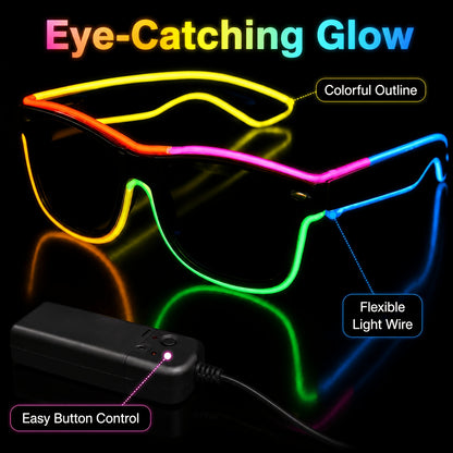 [Halloween Cosplay Raves] Multi-Color EL Wire LED Glowing Glasses - Flexible Adjustable Light-Up Costume Accessories With Portable Battery Pack For Halloween, Cosplay, Raves, Festivals, Night Parties, Carnival & Glow-in-the-Dark Events