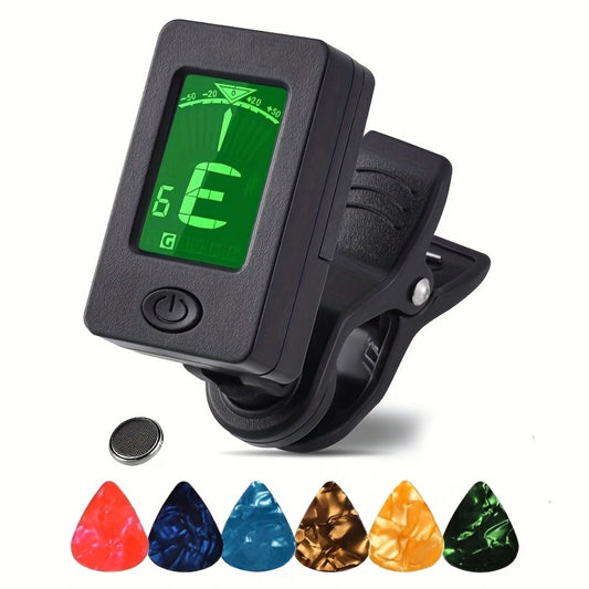 Guitar Clip-On Tuner, Picks for Guitar, Violin, Bass, Ukulele, Comes with 6 Picks (7pcs in Total for Tuner And Guitar Picks)