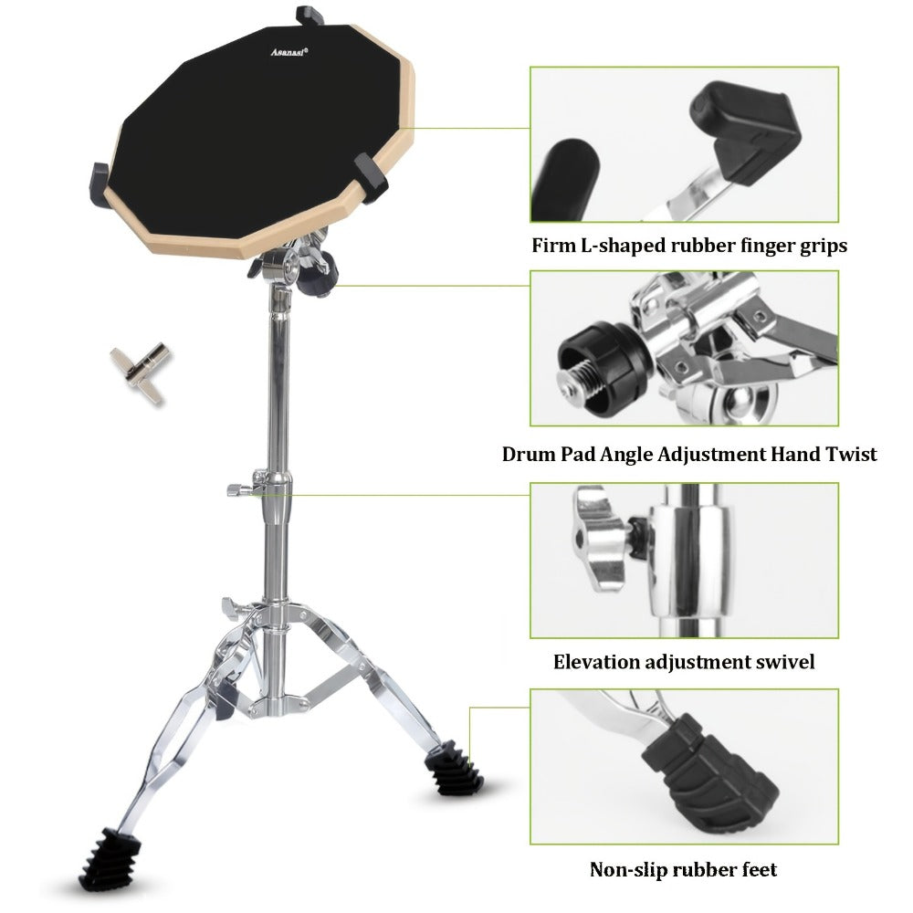 12-Inch Drum Practice Pad Set with Adjustable Snare Stand, Sticks and Bag