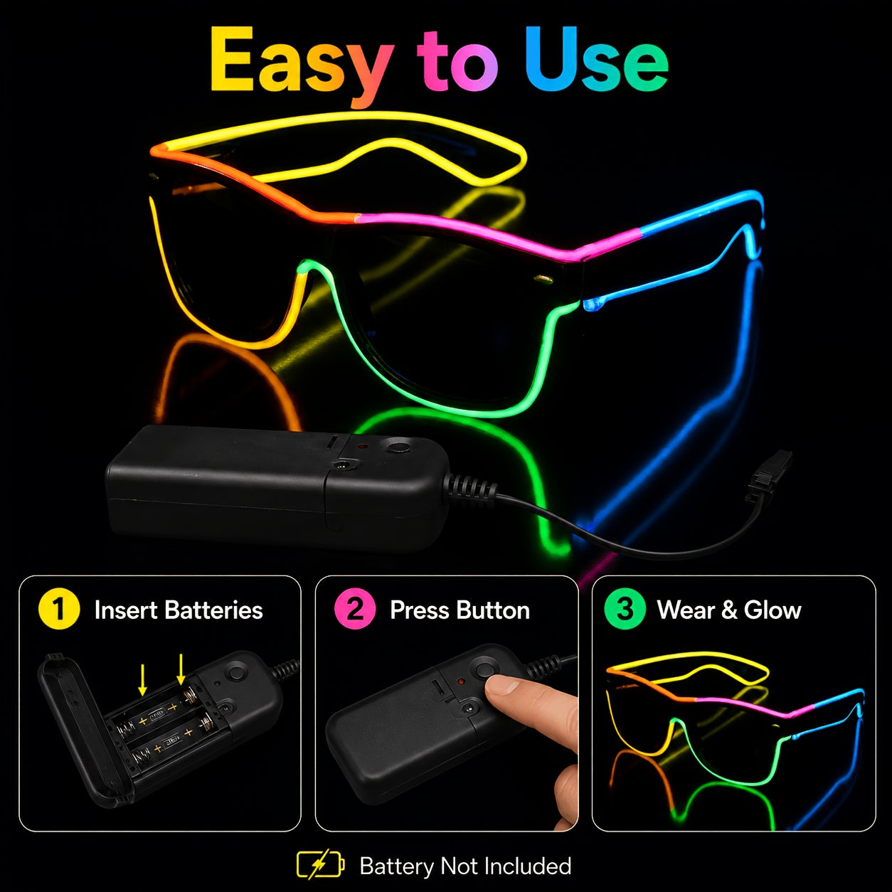 [Halloween Cosplay Raves] Multi-Color EL Wire LED Glowing Glasses - Flexible Adjustable Light-Up Costume Accessories With Portable Battery Pack For Halloween, Cosplay, Raves, Festivals, Night Parties, Carnival & Glow-in-the-Dark Events