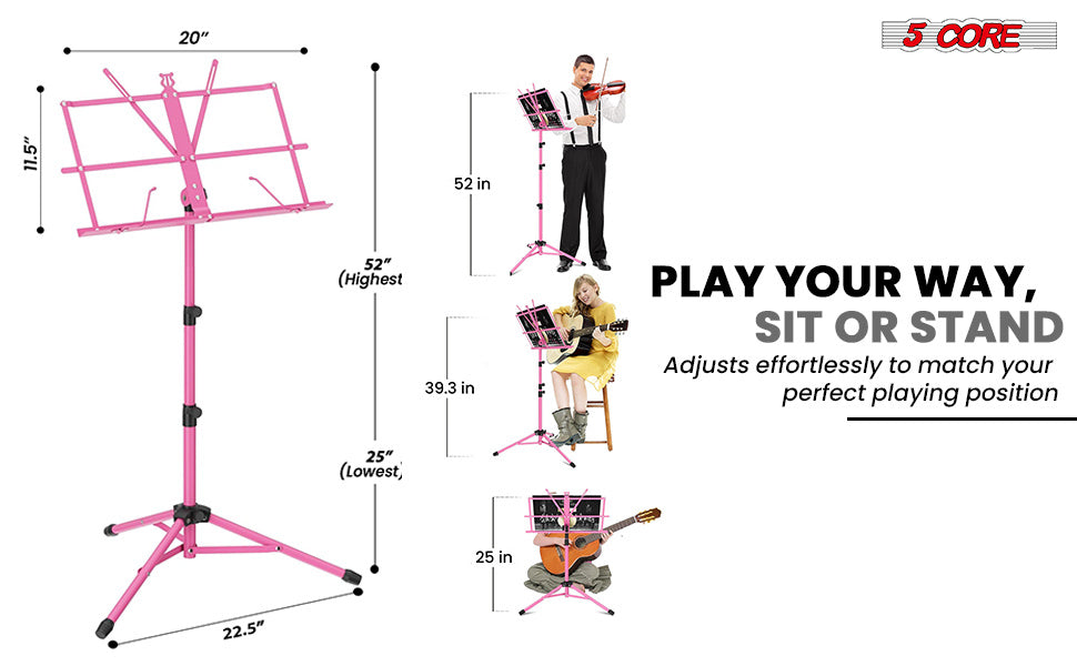 5 Core Music Stand Height Adjustable Desktop Book Stands Portable Sheet Holder All Metal Bookstand Foldable Atril Para Partituras w Carrying Bag & Clip Pink - MUS FLD PNK