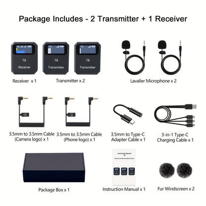 2.4GHz Wireless Lavalier Microphone Dual Transmitter 48KHz 24Bit Lapel Mic 100FT 5H For Online Class Vlog Stream YouTube For Camera Smartphone Tablet