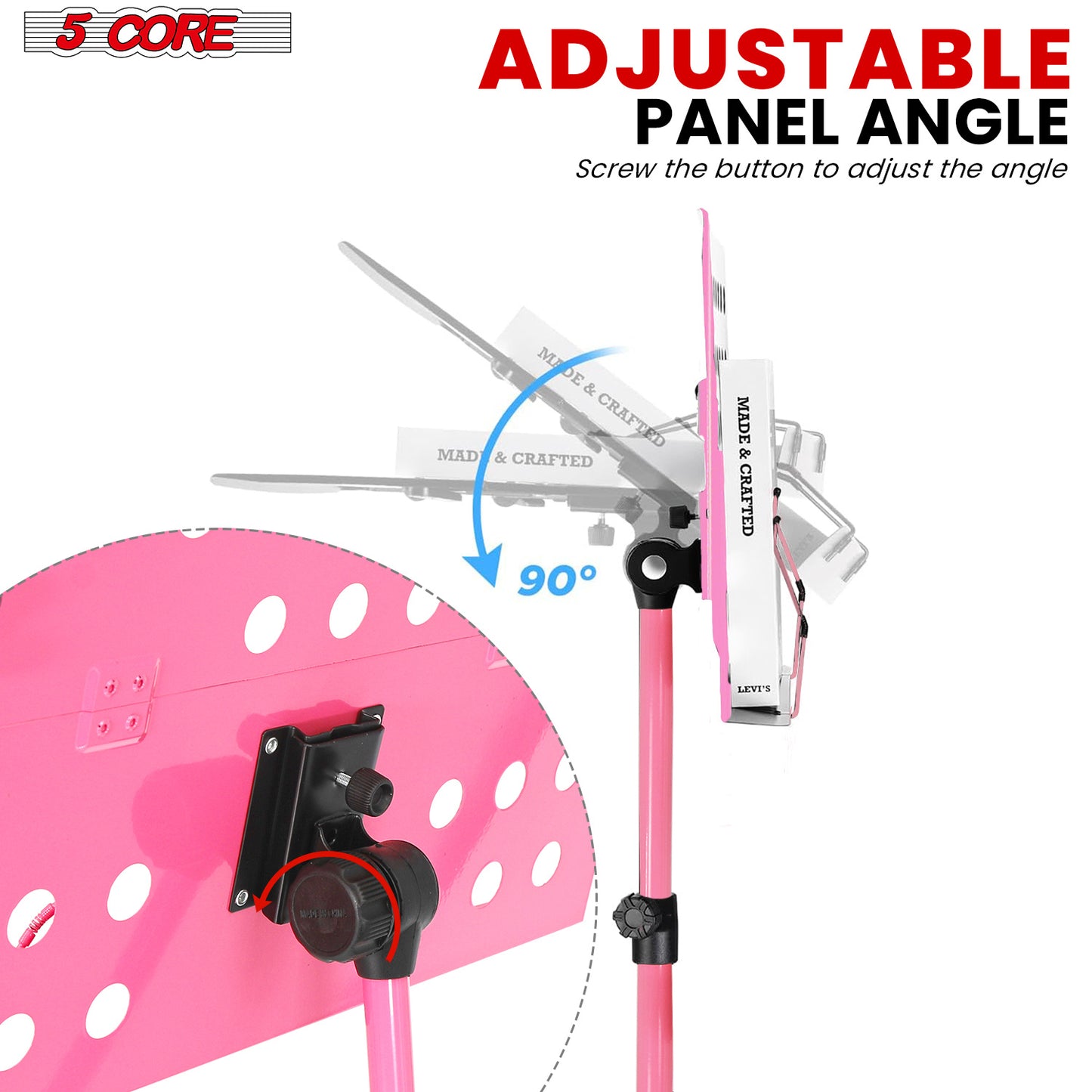 5 Core Music Stand Height Adjustable Desktop Book Stands Portable Sheet Holder All Metal Bookstand Foldable Atril Para Partituras w Carrying Bag Light & Clip Pink - MUS FLD HD ACC PNK