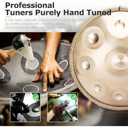 22-Inch D Minor Kurd Handpan Drum, 440Hz with 9 Notes, a High-Quality Steel Hand Drum Designed for Musical Meditation. It Comes with a Drum , a Dust-Free Cloth, Mallets, a Stand, And Sound Stickers, Making It Suitable for Beginners And Adults Alike