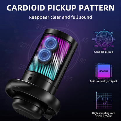 Recording Microphone, USB, RGB, USB-C, Computers, Ideal for Recording and Streaming