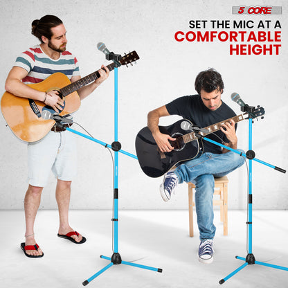 5 Core Microphone Stand Floor 2 Mic Clips Universal Height Adjustable 63" Dual Tripod Mic Stands w Telescoping Boom Arm Foldable Portable