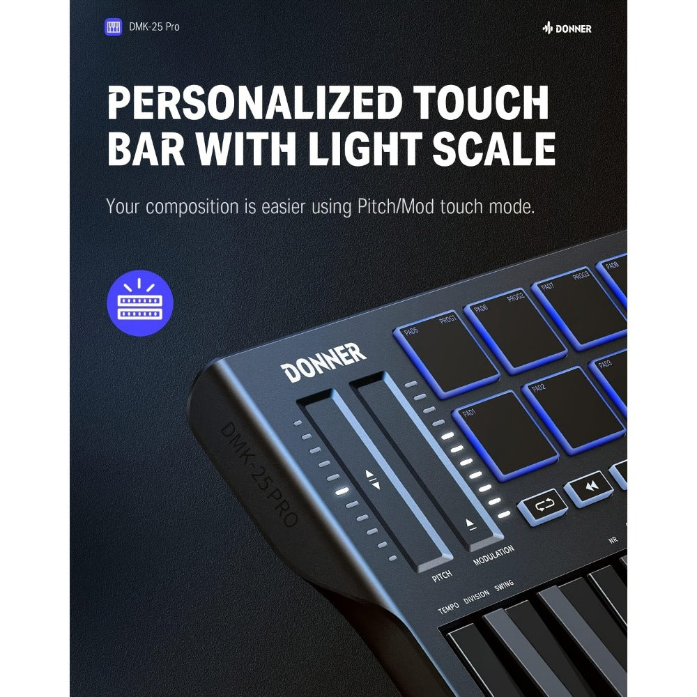 MIDI Keyboard Controller, USB-C, USB, Donner, DMK25, Pro for Music Production