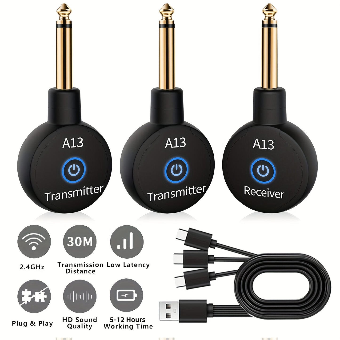 Wireless Guitar System 2.4GHz Wireless Guitar Transmitter Receiver Rechargeable Audio Wireless Transmitter 2 Modes, Rechargeable Li-Battery, 100ft Range, 10H, Plug & Play for Electric Guitar, Bass, Violin, Keyboard