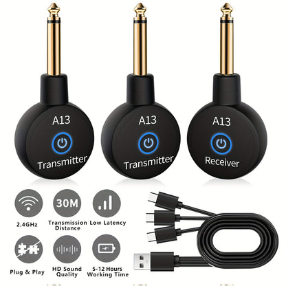 Wireless Guitar System 2.4GHz Wireless Guitar Transmitter Receiver Rechargeable Audio Wireless Transmitter 2 Modes, Rechargeable Li-Battery, 100ft Range, 10H, Plug & Play for Electric Guitar, Bass, Violin, Keyboard