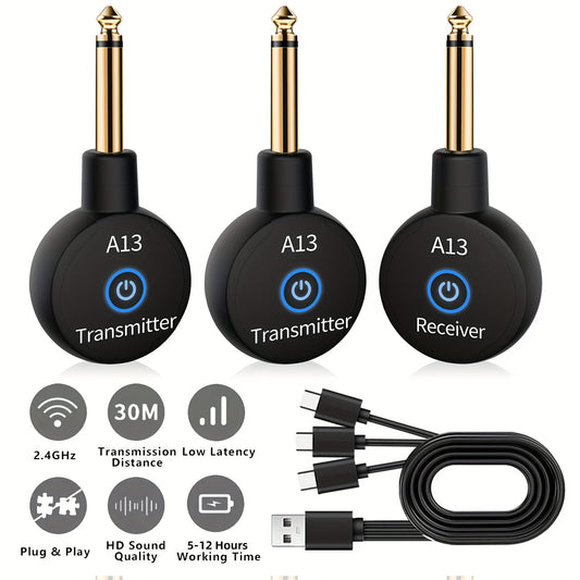 Wireless Guitar System 2.4GHz Wireless Guitar Transmitter Receiver Rechargeable Audio Wireless Transmitter 2 Modes, Rechargeable Li-Battery, 100ft Range, 10H, Plug & Play for Electric Guitar, Bass, Violin, Keyboard