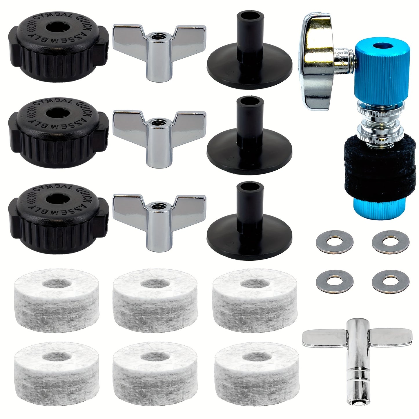 21pcs Set of Standard Cymbal Replacement Additions Including Hi-Hat Clutch, Cymbal Felts, Sleeves, Wing Nuts, Cymbal Nuts, Drum Key, And Washers for Drum Set Cymbals (Blue)