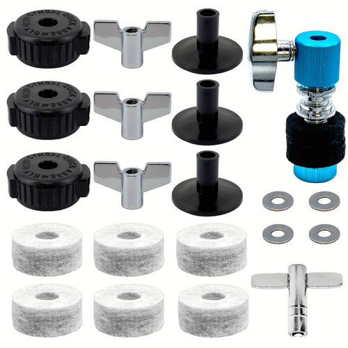 21pcs Set of Standard Cymbal Replacement Additions Including Hi-Hat Clutch, Cymbal Felts, Sleeves, Wing Nuts, Cymbal Nuts, Drum Key, And Washers for Drum Set Cymbals (Blue)