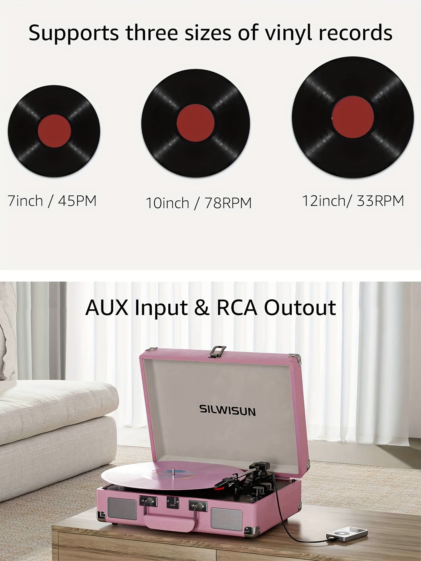 Vinyl Record Player Built in Battery 3 Speed Turntable with Wireless, Portable Suitcase, Built in Speakers, 3.5Mm Headphone Jack Aux In/Rca Out for Home Decoration Gift Pink Green Brown Black