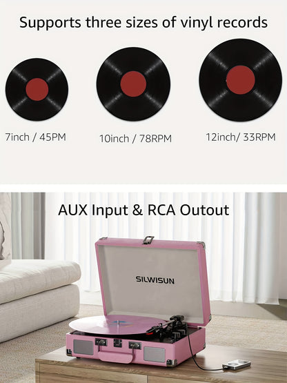 Vinyl Record Player Built in Battery 3 Speed Turntable with Wireless, Portable Suitcase, Built in Speakers, 3.5Mm Headphone Jack Aux In/Rca Out for Home Decoration Gift Pink Green Brown Black