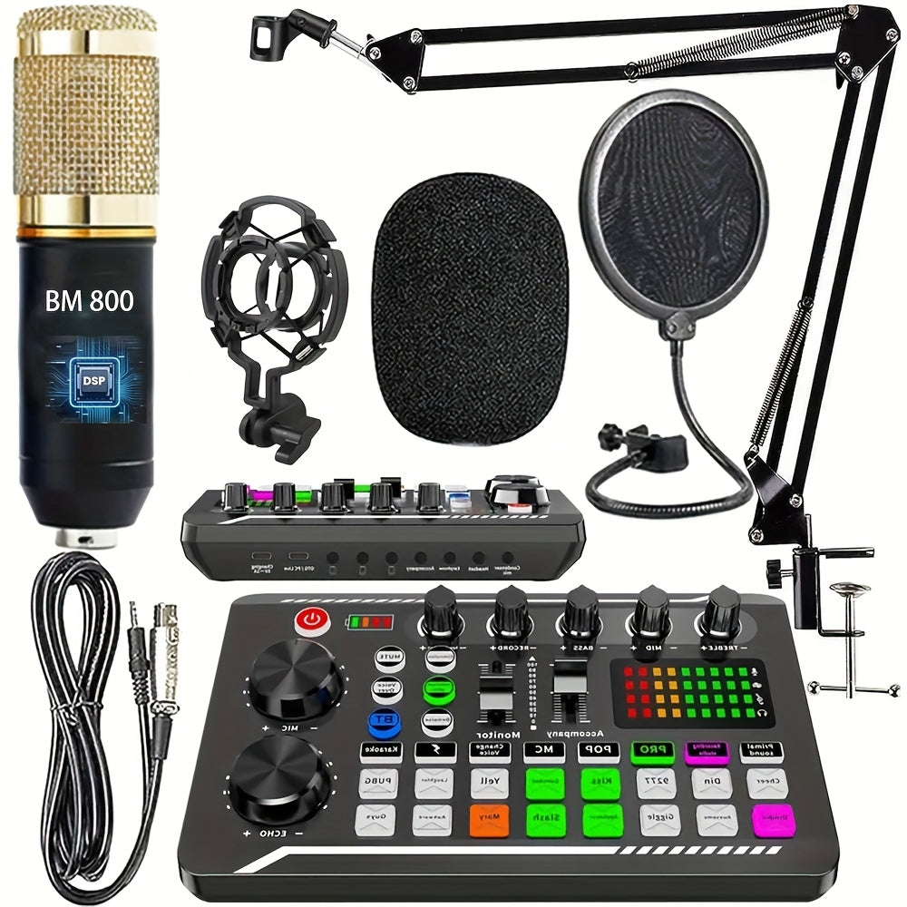 Podcast Equipment Bundle, BM-800 Recording Studio Package with Voice Changer, Live Sound Card - Audio Interface for Laptop Computer Vlog Living Broadcast Live Streaming [V8S for 1/2/V8/V8K for 1/2/F998/M6/V10X Pro], Includes Complimentary Earphones