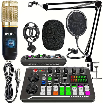 Podcast Equipment Bundle, BM-800 Recording Studio Package with Voice Changer, Live Sound Card - Audio Interface for Laptop Computer Vlog Living Broadcast Live Streaming [V8S for 1/2/V8/V8K for 1/2/F998/M6/V10X Pro], Includes Complimentary Earphones